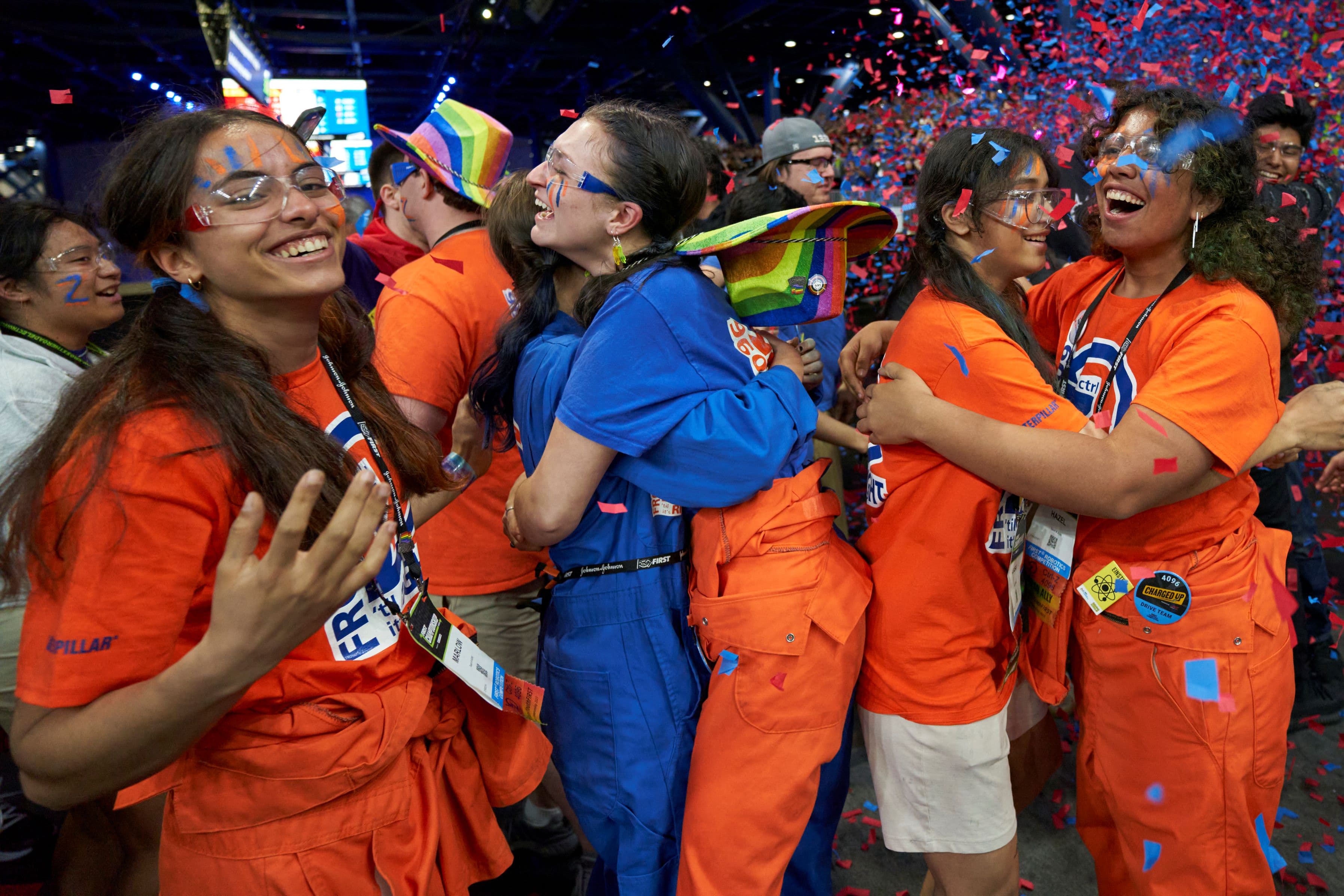 FIRST Robotics Competition students celebrate after a winning match during FIRST Championship.
